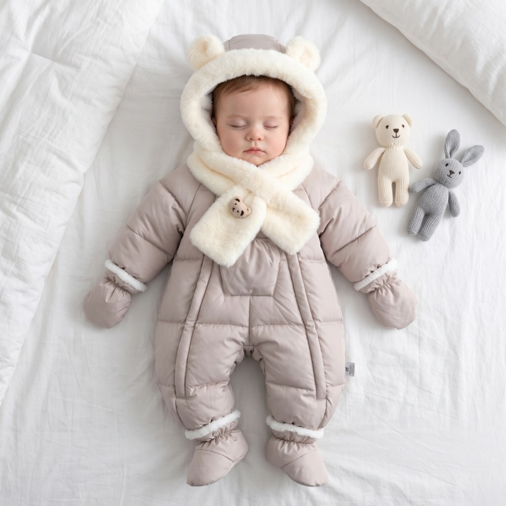 Lilo Fur Collar Hooded Baby Snowsuit - Beige