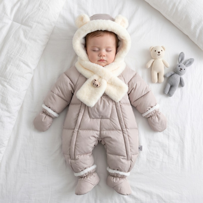 Lilo Fur Collar Hooded Baby Snowsuit - Beige