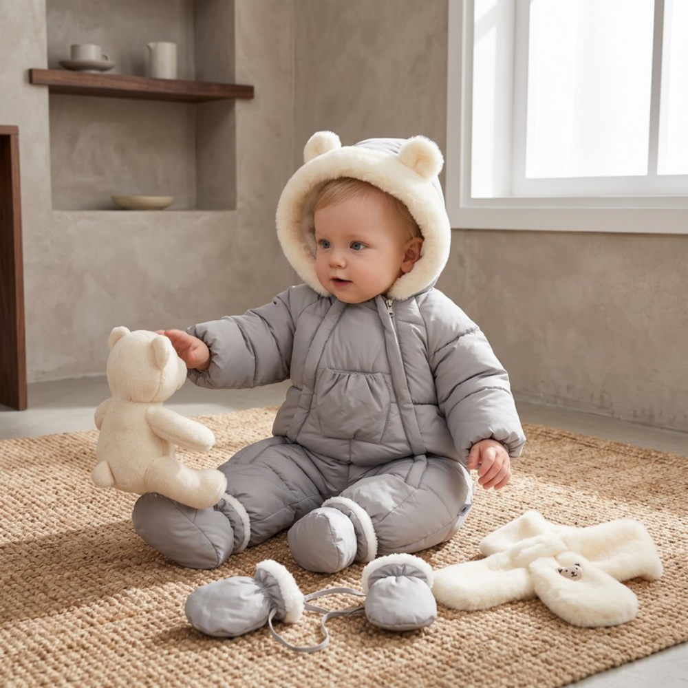 Lilo Fur Collar Hooded Baby Snowsuit - Grey
