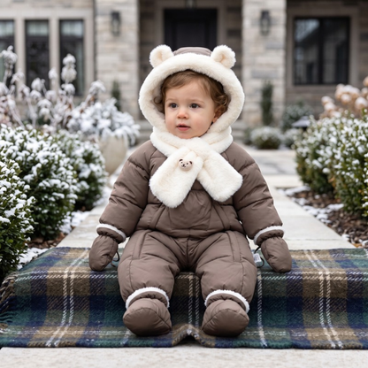 Lilo Fur Collar Hooded Baby Snowsuit - Coffee