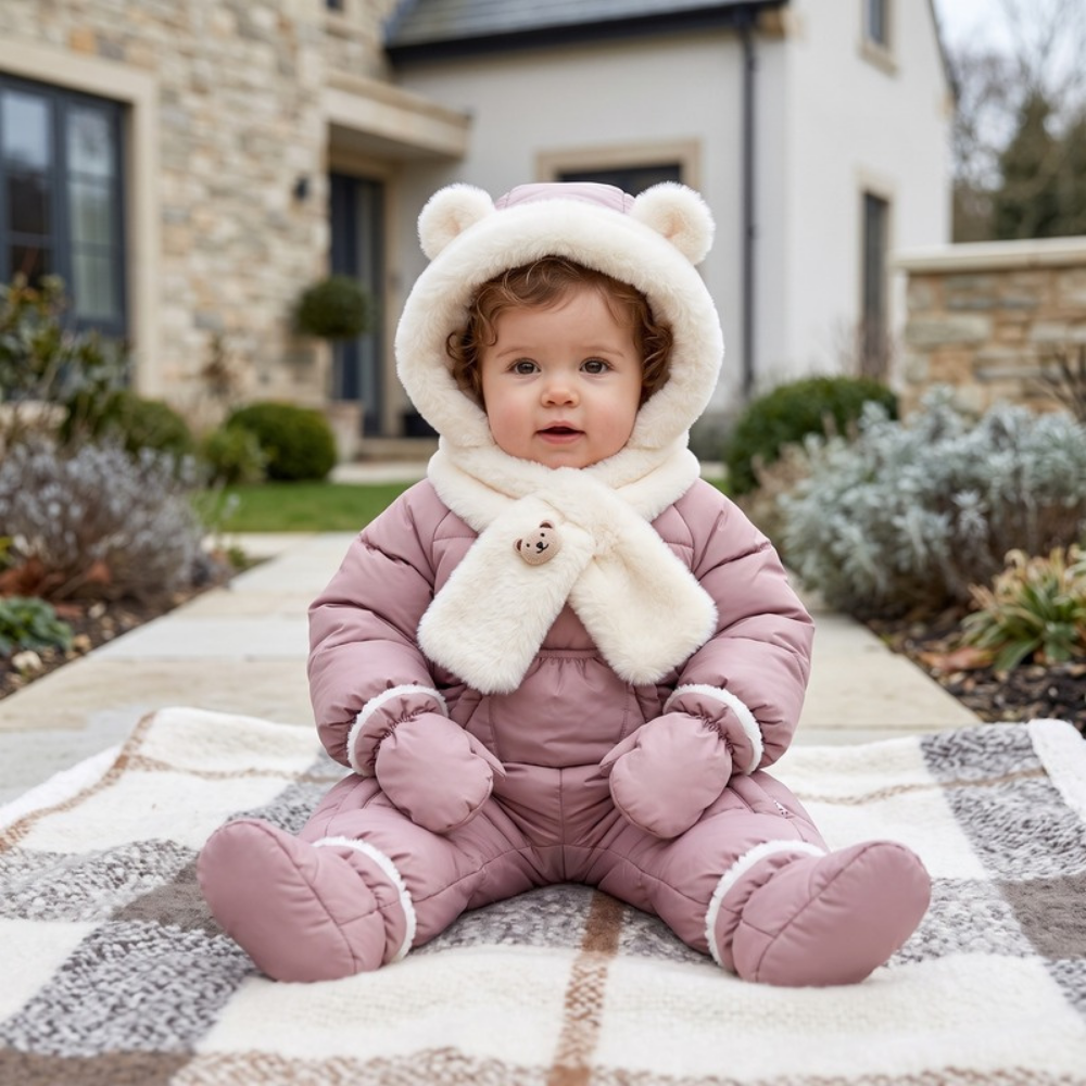 Lilo Fur Collar Hooded Baby Snowsuit - Pink