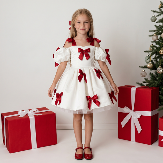Lilo Puff Princess Party Dress - White with Red Bows