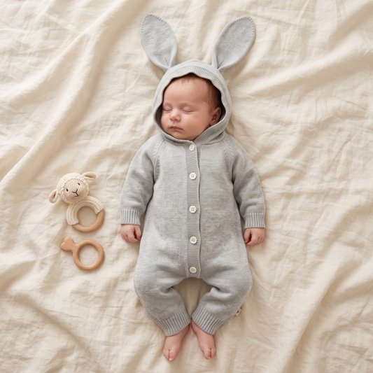 Lilo Knitted Pom Pom Hooded Romper - Grey Long Ears