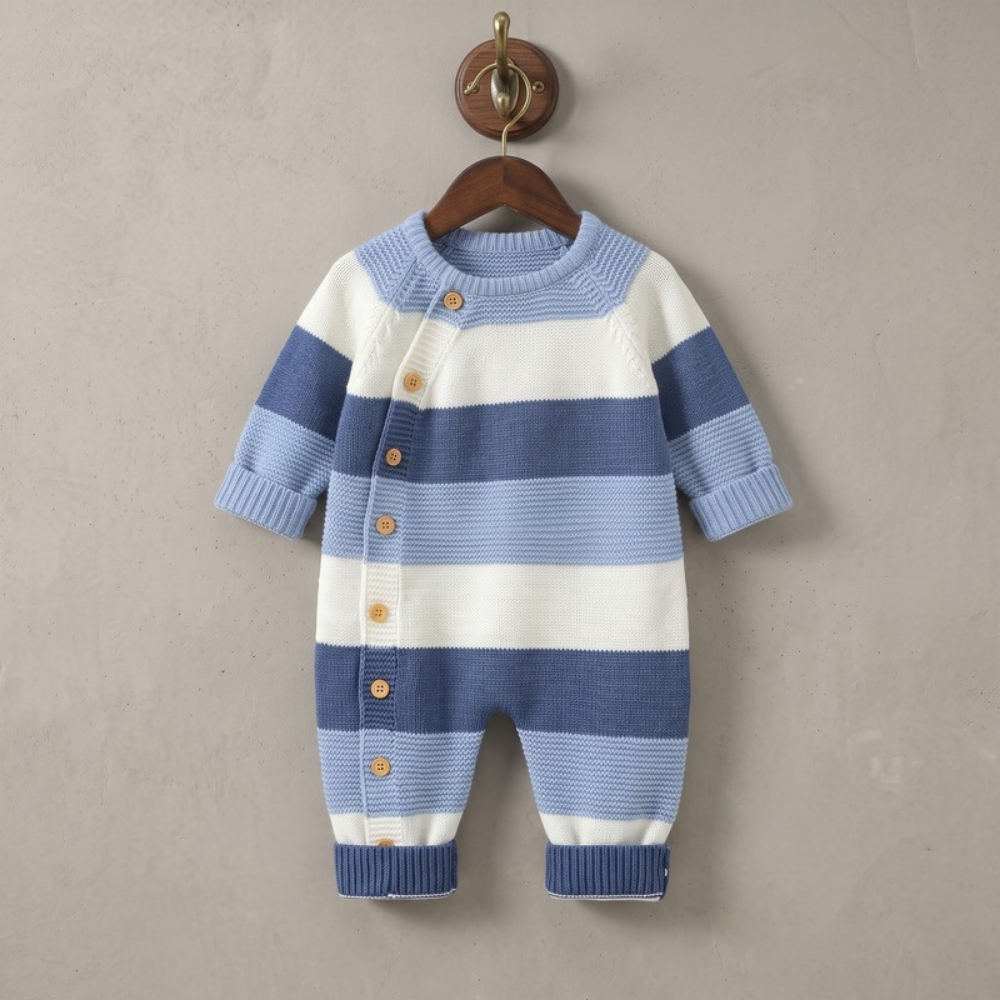 Lilo Striped Knit Button Romper - Blue Stripe