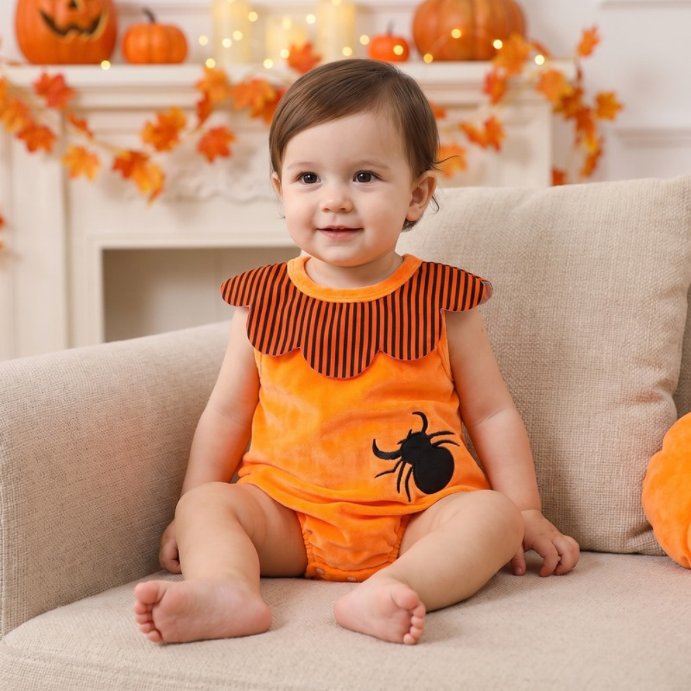 Lilo Pumpkin Baby Halloween Romper - Orange Spider