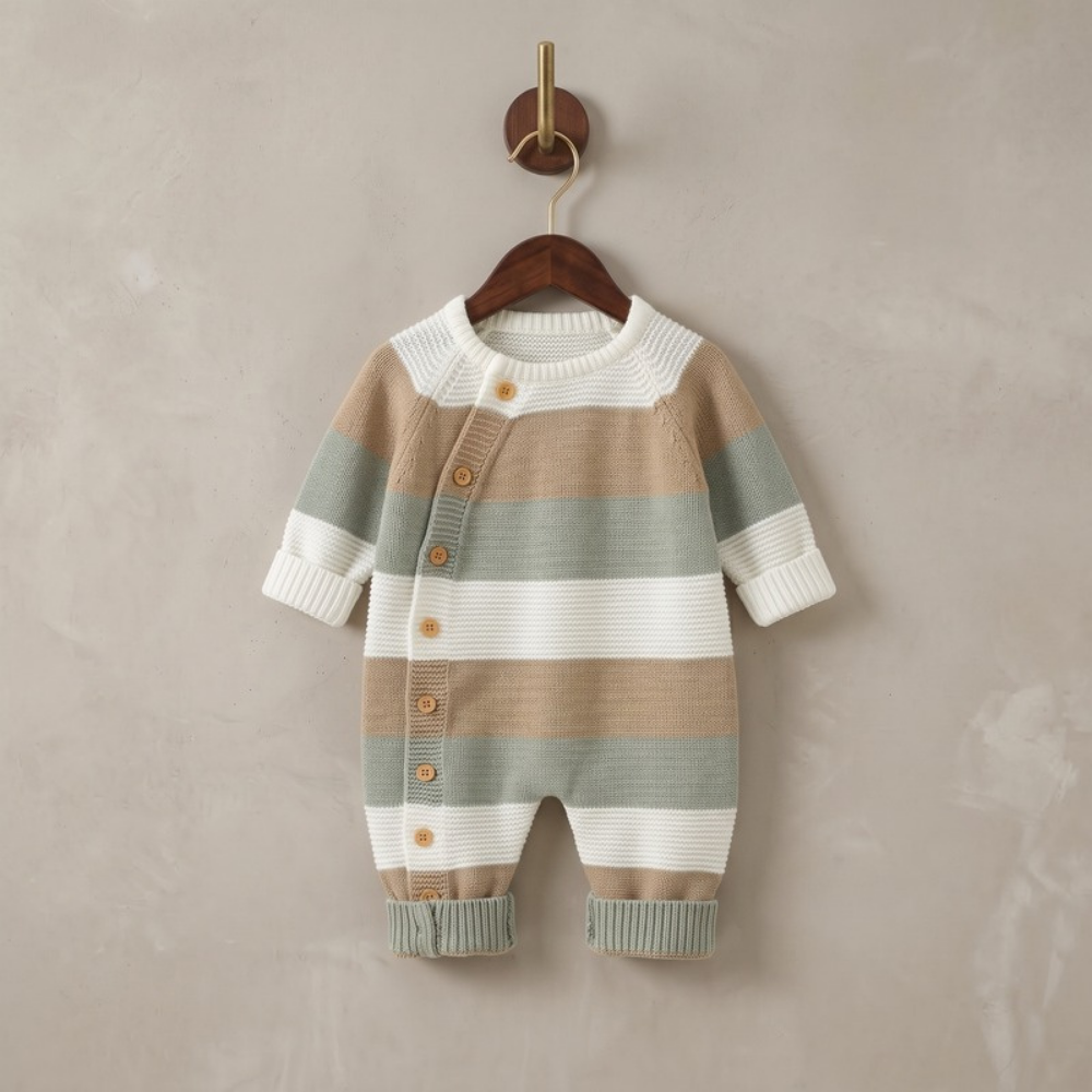 Lilo Striped Knit Button Romper - Sage Stripe
