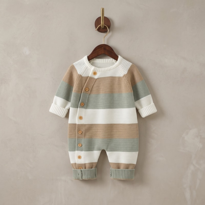 Lilo Striped Knit Button Romper - Sage Stripe