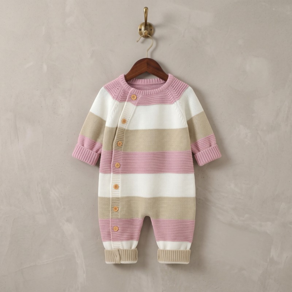 Lilo Striped Knit Button Romper - Pink Stripe