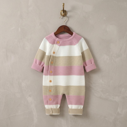Lilo Striped Knit Button Romper - Pink Stripe