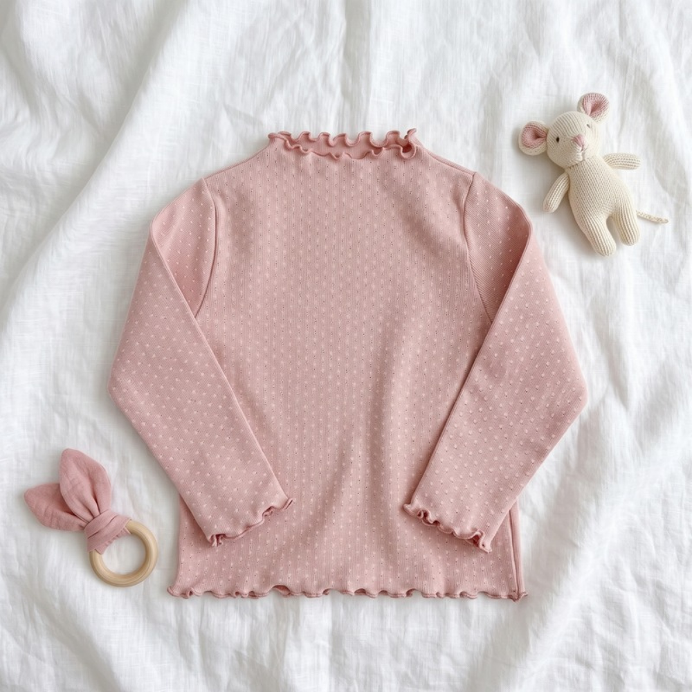 Lilo High Neck Long Sleeve Girls Top - Pink Spot