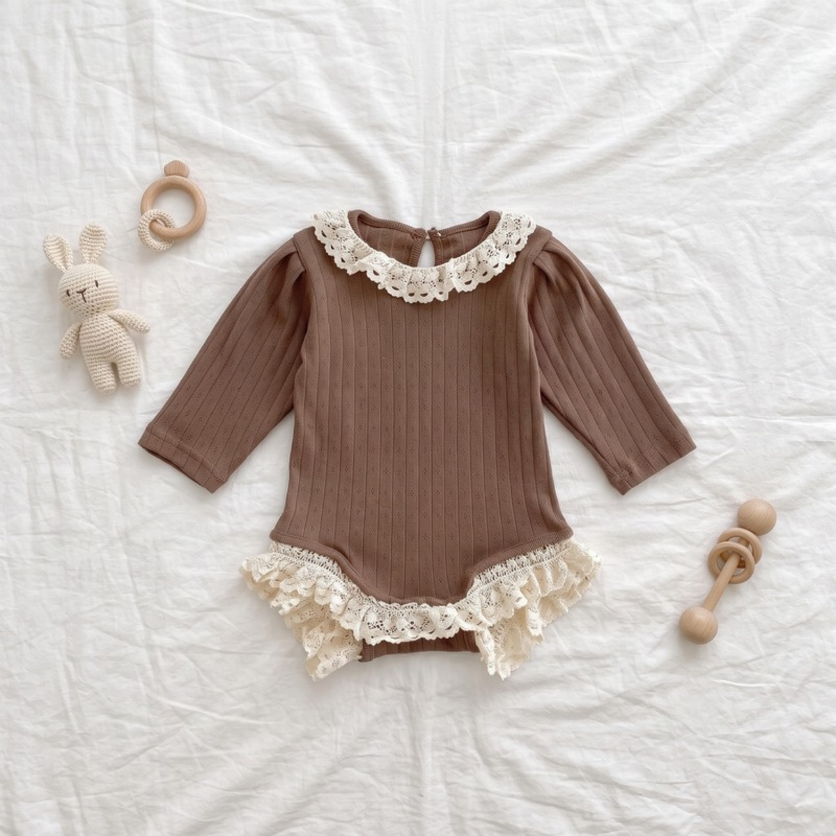 Lilo Lace Ribbed Long Sleeve Romper - Brown