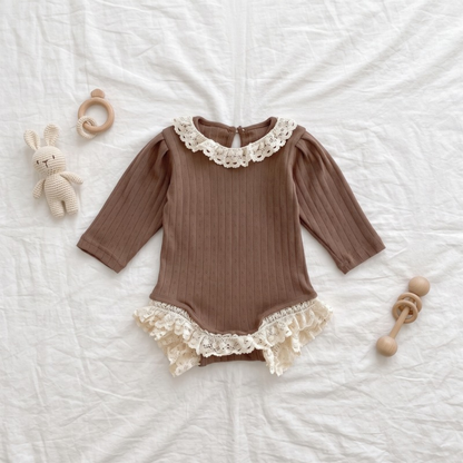 Lilo Lace Ribbed Long Sleeve Romper - Brown