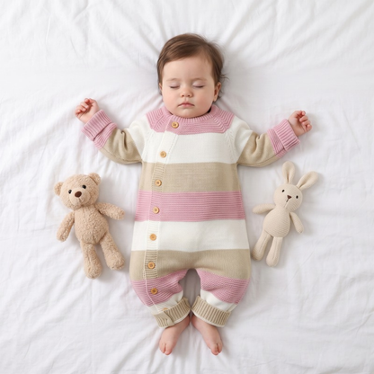 Lilo Striped Knit Button Romper - Pink Stripe