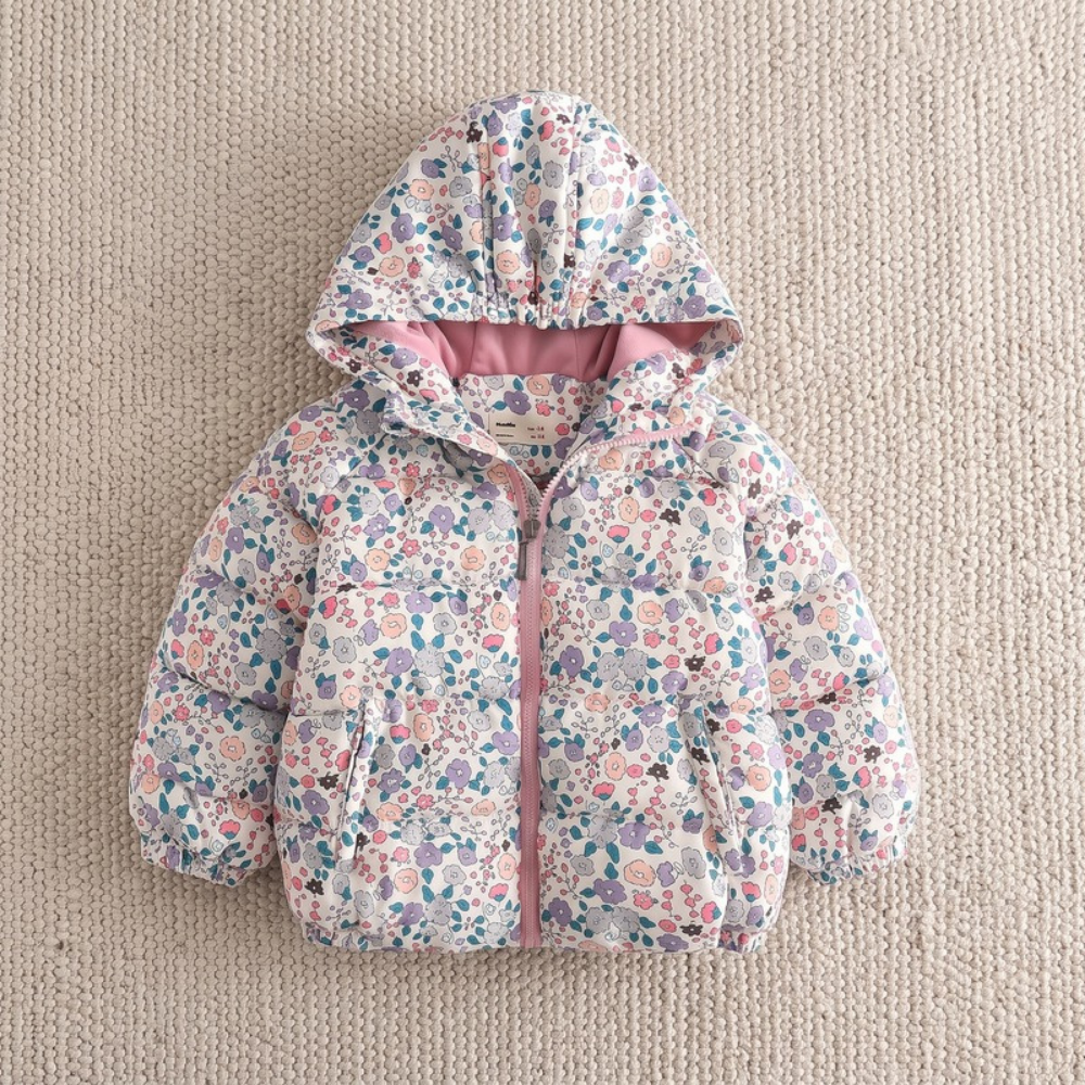 Lilo Floral Print Fleece Lined Hooded Coat - White