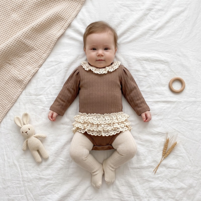 Lilo Lace Ribbed Long Sleeve Romper - Brown
