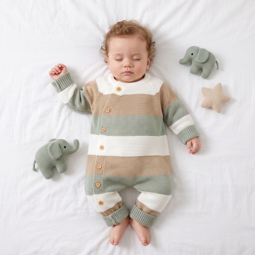 Lilo Striped Knit Button Romper - Sage Stripe