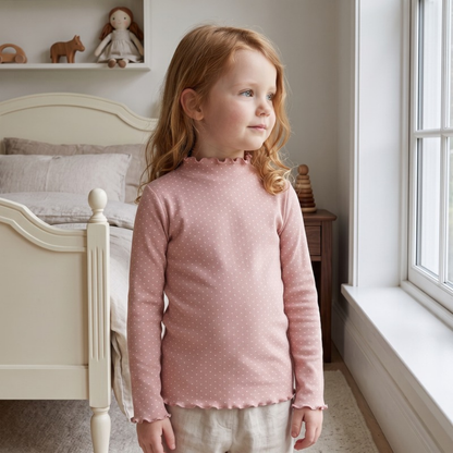 Lilo High Neck Long Sleeve Girls Top - Pink Spot