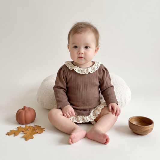 Lilo Lace Ribbed Long Sleeve Romper - Brown