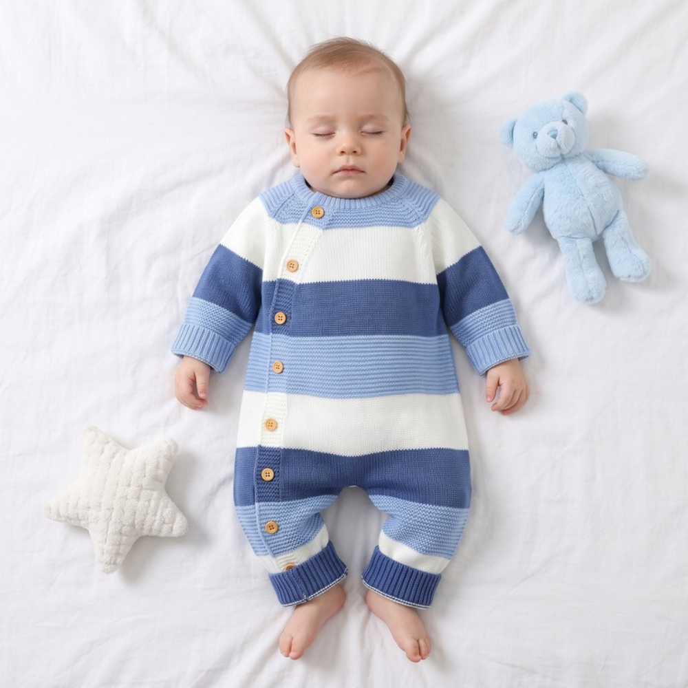 Lilo Striped Knit Button Romper - Blue Stripe