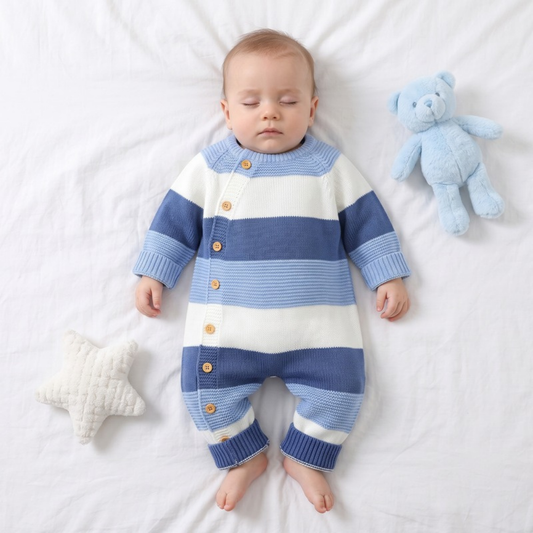 Lilo Striped Knit Button Romper - Blue Stripe