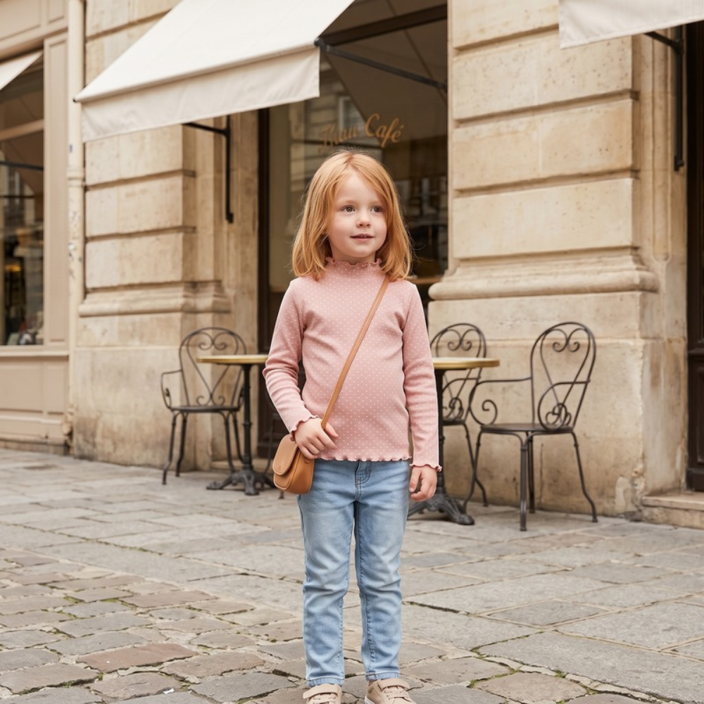 Lilo High Neck Long Sleeve Girls Top - Pink Spot