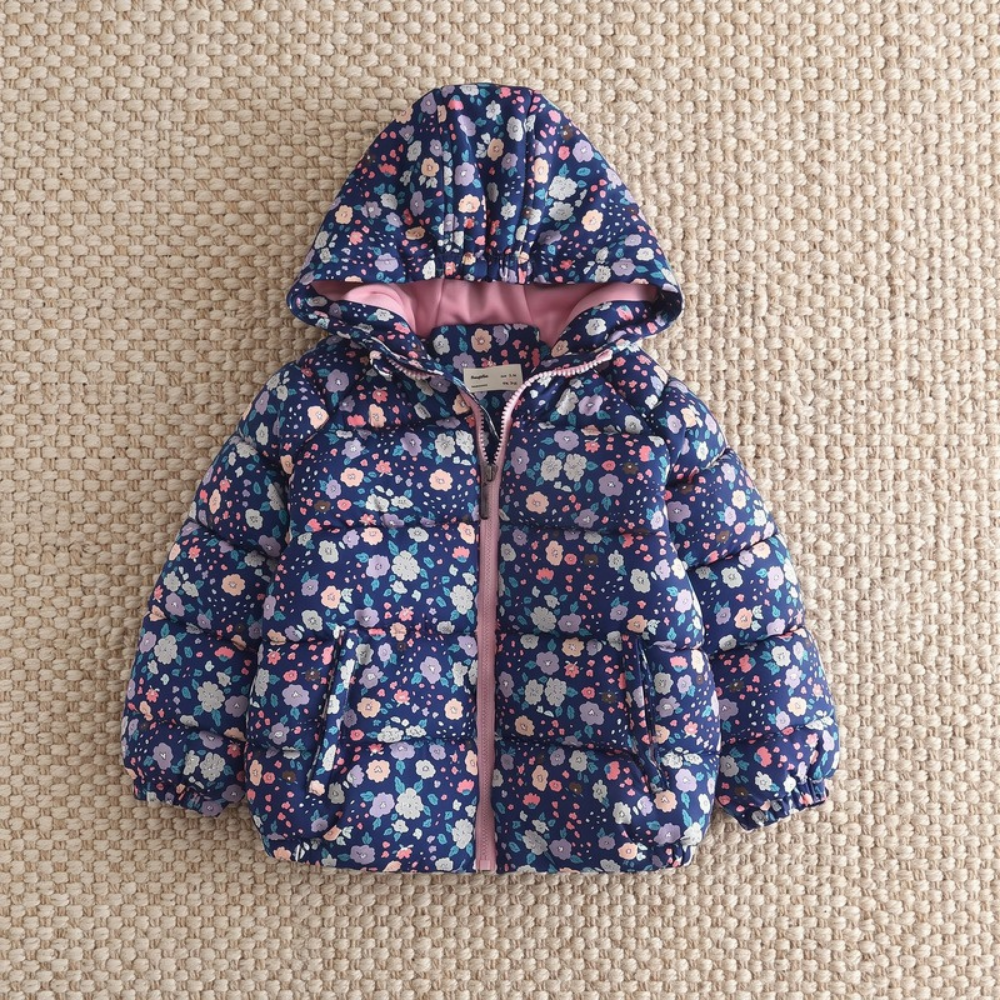 Lilo Floral Print Fleece Lined Hooded Coat - Navy Blue