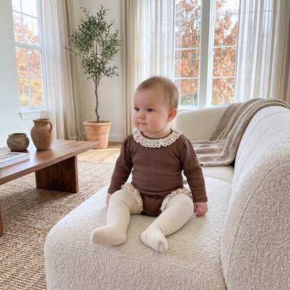 Lilo Lace Ribbed Long Sleeve Romper - Brown