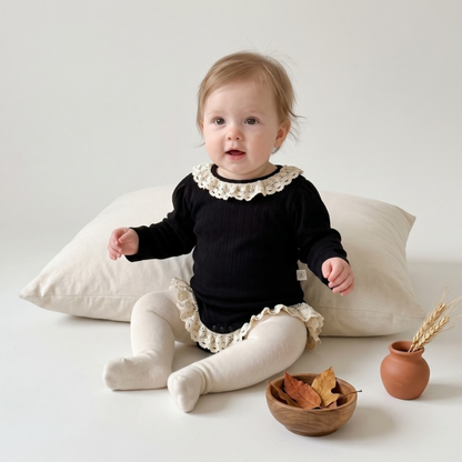 Lilo Lace Ribbed Long Sleeve Romper - Black