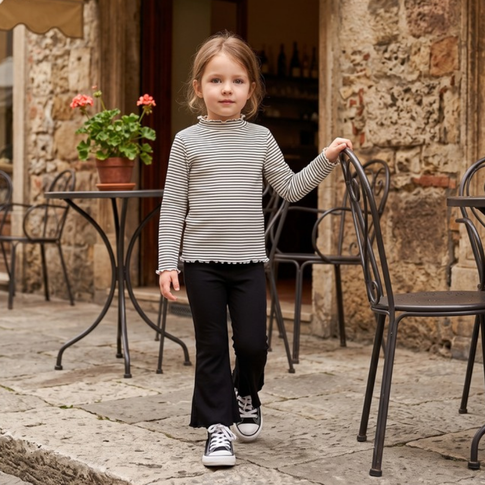 Lilo High Neck Long Sleeve Girls Top - Black Stripe