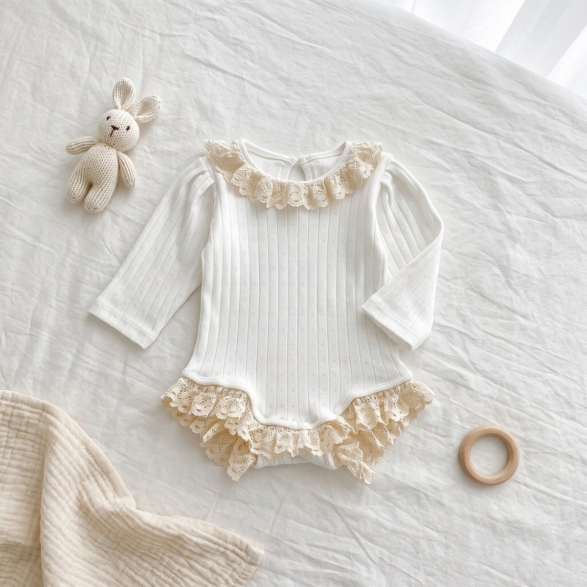 Lilo Lace Ribbed Long Sleeve Romper - White