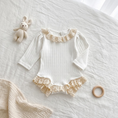 Lilo Lace Ribbed Long Sleeve Romper - White