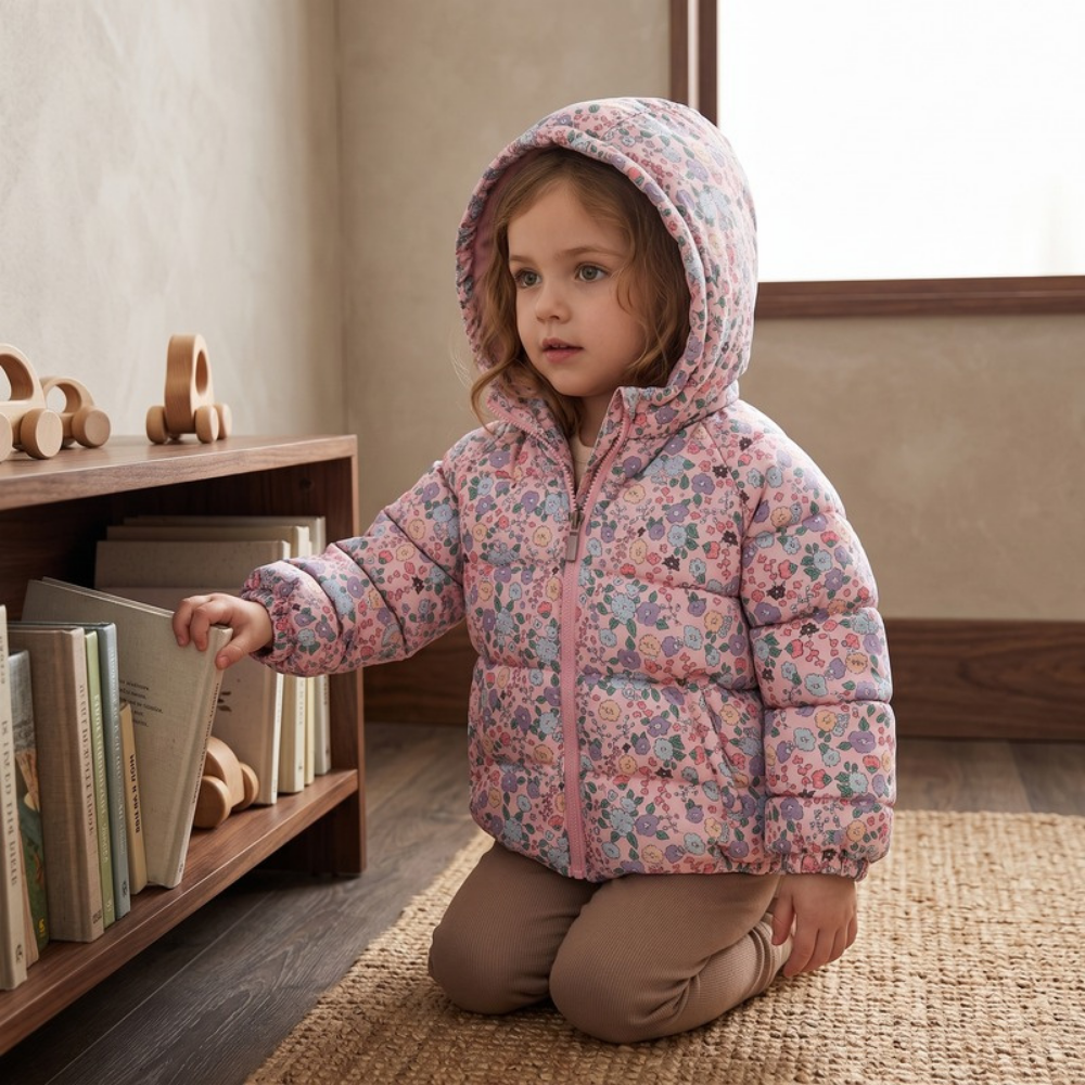 Lilo Floral Print Fleece Lined Hooded Coat - Pink