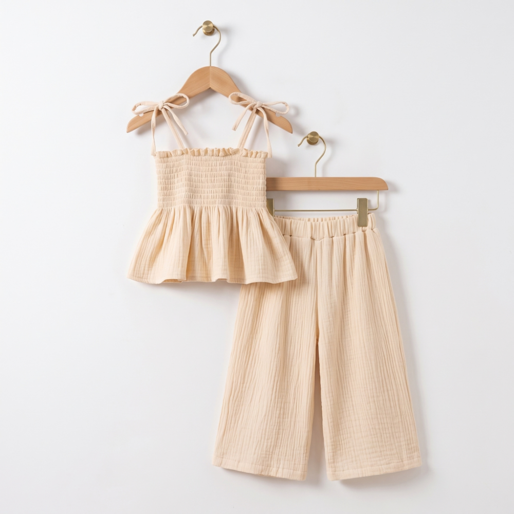 Lilo Cotton Strap Trouser Set - Beige