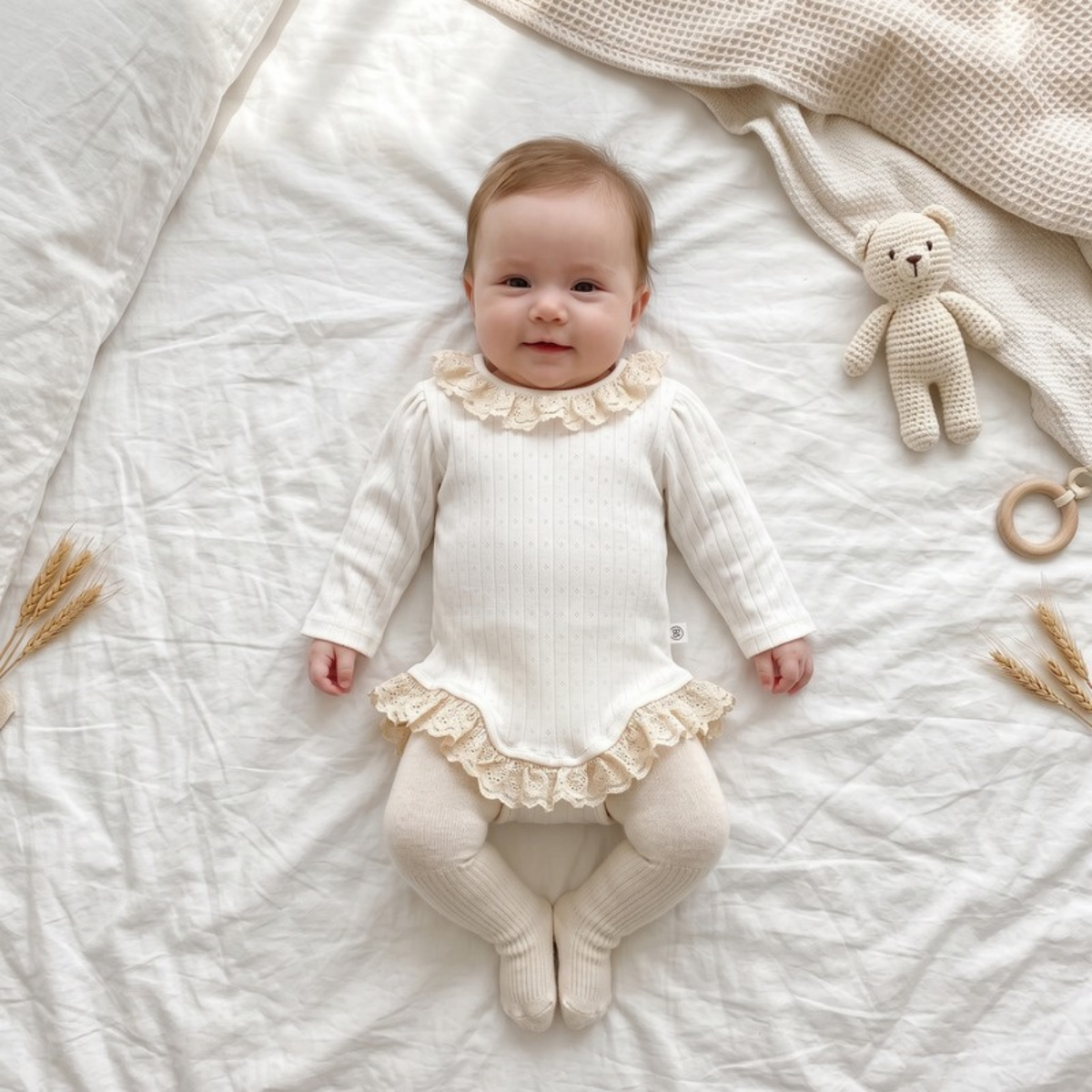Lilo Lace Ribbed Long Sleeve Romper - White