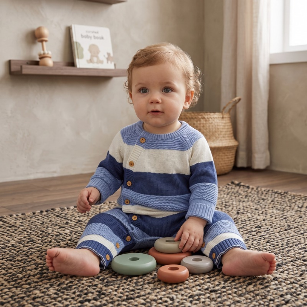 Lilo Striped Knit Button Romper - Blue Stripe