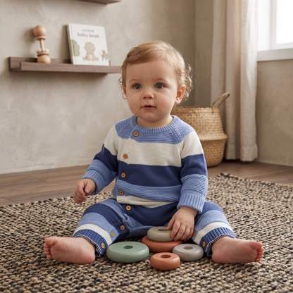 Lilo Striped Knit Button Romper - Blue Stripe