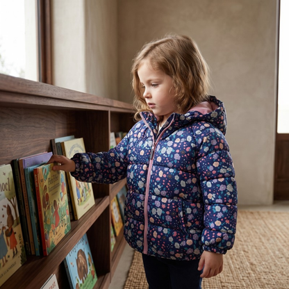 Lilo Floral Print Fleece Lined Hooded Coat - Navy Blue
