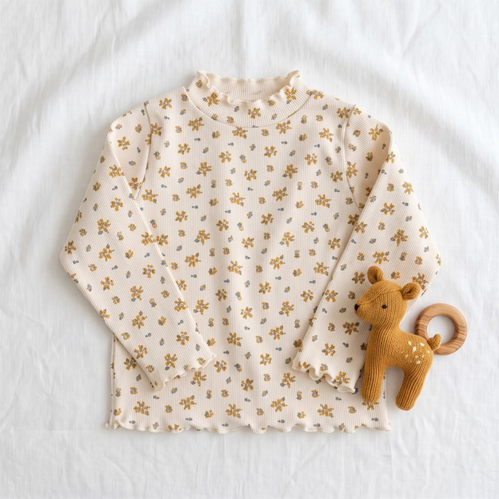 Lilo High Neck Long Sleeve Girls Top - Yellow Floral