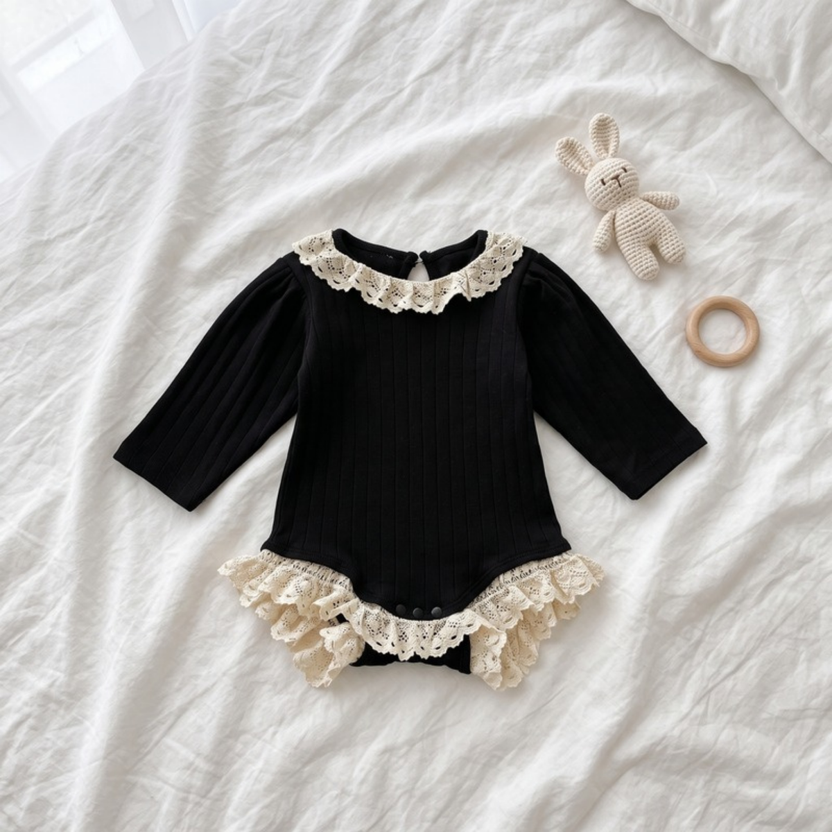 Lilo Lace Ribbed Long Sleeve Romper - Black
