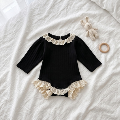 Lilo Lace Ribbed Long Sleeve Romper - Black