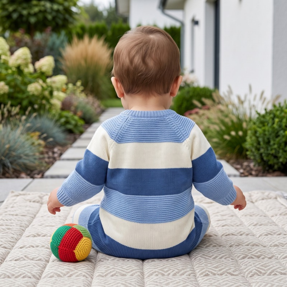 Lilo Striped Knit Button Romper - Blue Stripe