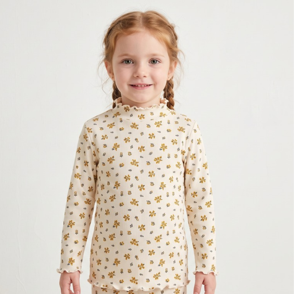 Lilo High Neck Long Sleeve Girls Top - Yellow Floral