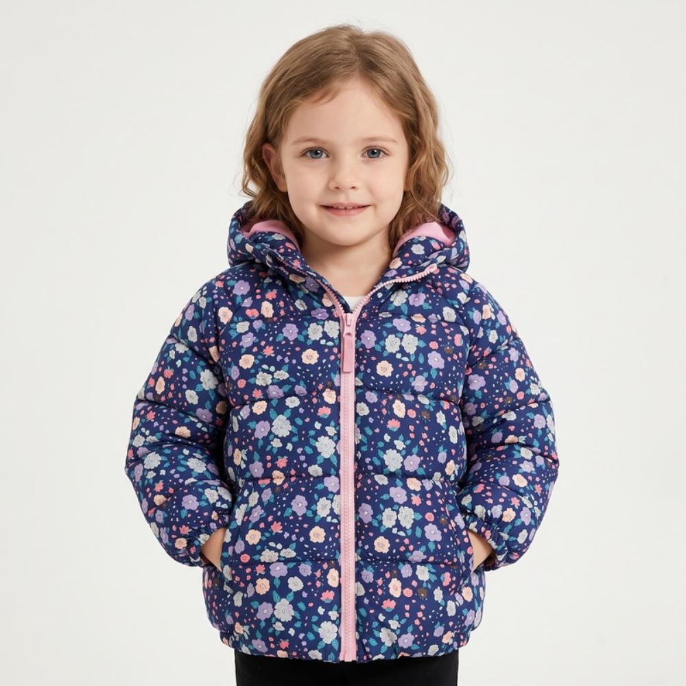 Lilo Floral Print Fleece Lined Hooded Coat - Navy Blue