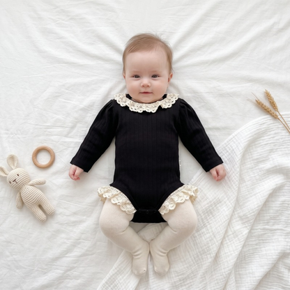 Lilo Lace Ribbed Long Sleeve Romper - Black