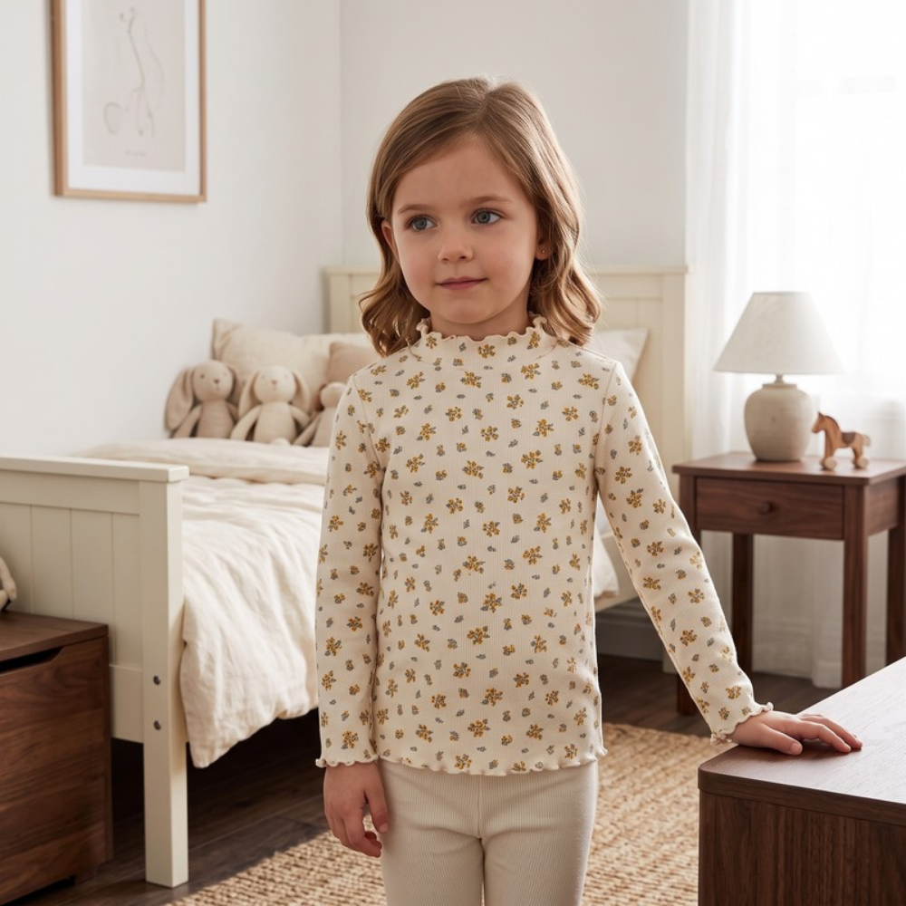 Lilo High Neck Long Sleeve Girls Top - Yellow Floral