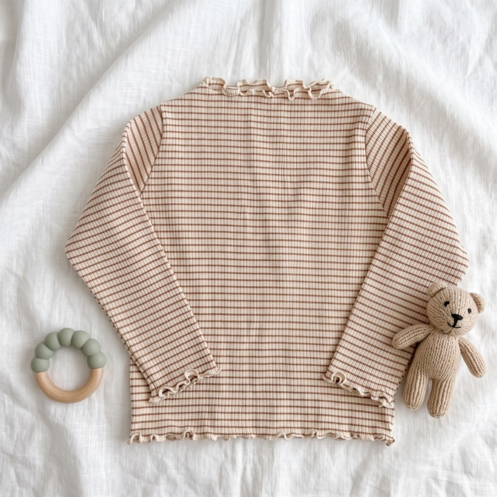 Lilo High Neck Long Sleeve Girls Top - Coffee Stripe