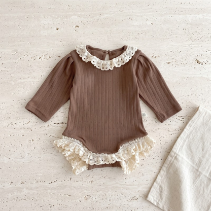 Lilo Ribbed Lace Trim Romper - Brown