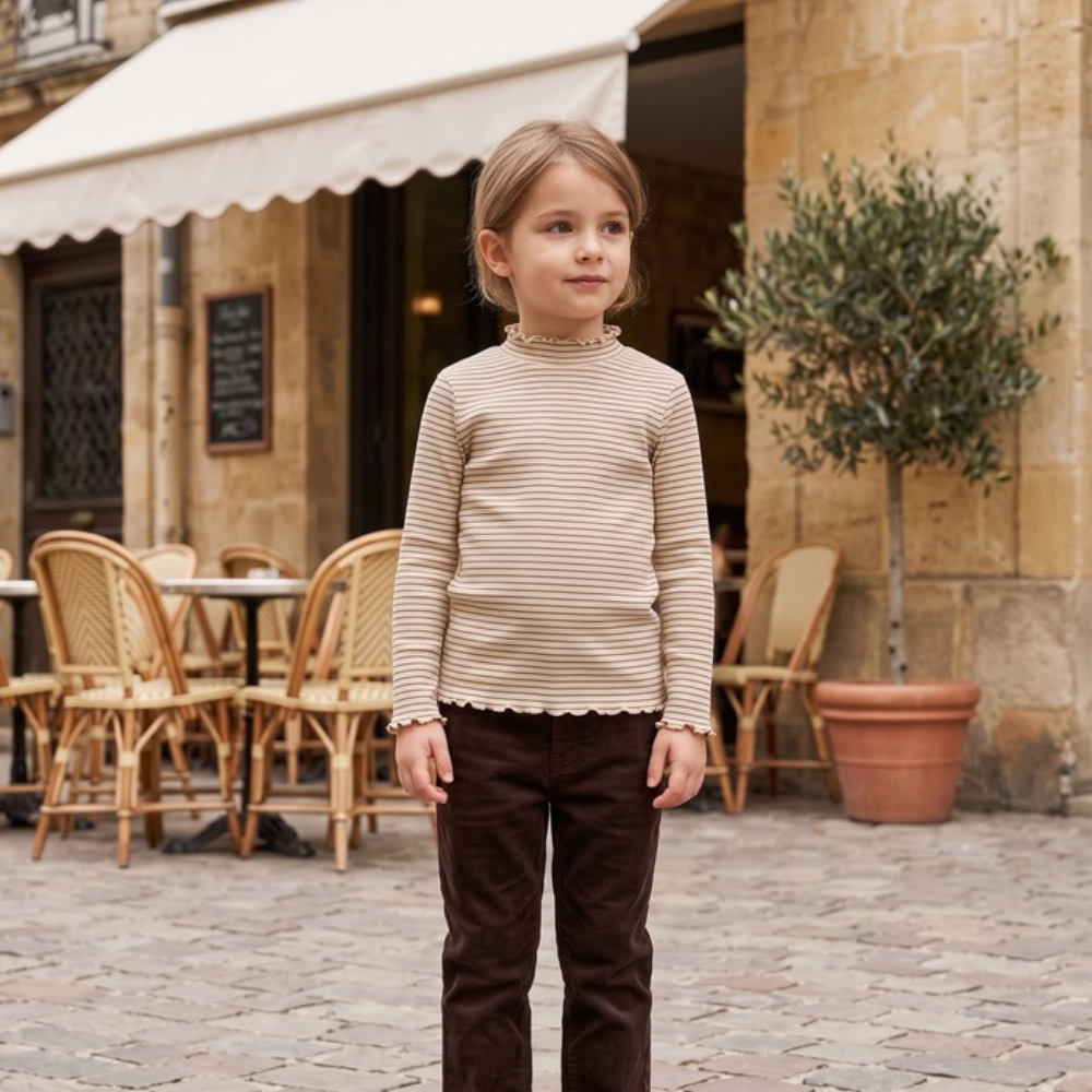 Lilo High Neck Long Sleeve Girls Top - Coffee Stripe