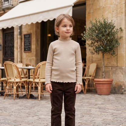 Lilo High Neck Long Sleeve Girls Top - Coffee Stripe