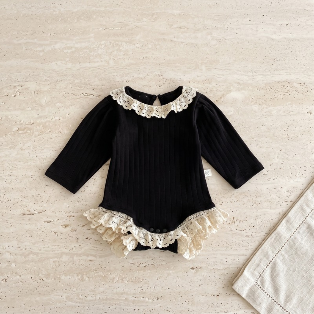 Lilo Ribbed Lace Trim Romper - Black